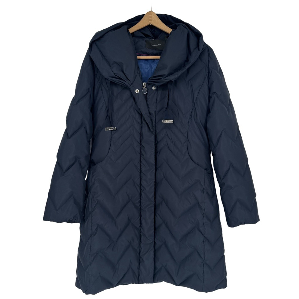 Tahari Navy Quilted Goose Down Puffer Coat Pillow Collar Parka